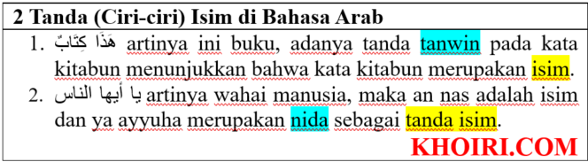 
					Tanda Isim Ada 5 : I’rob Jar, Tanwin, Nida’, Alif Lam dan Musnad