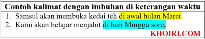 
					Contoh Imbuhan di- untuk keterangan waktu