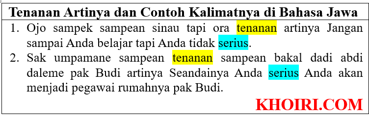 tenanan artinya dan contoh kalimatnya di bahasa Jawa