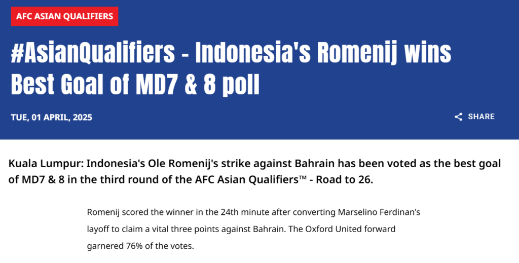 Ole Romeny meraih penghargaan gol terbaik di kualifikasi piala dunia zona Asia