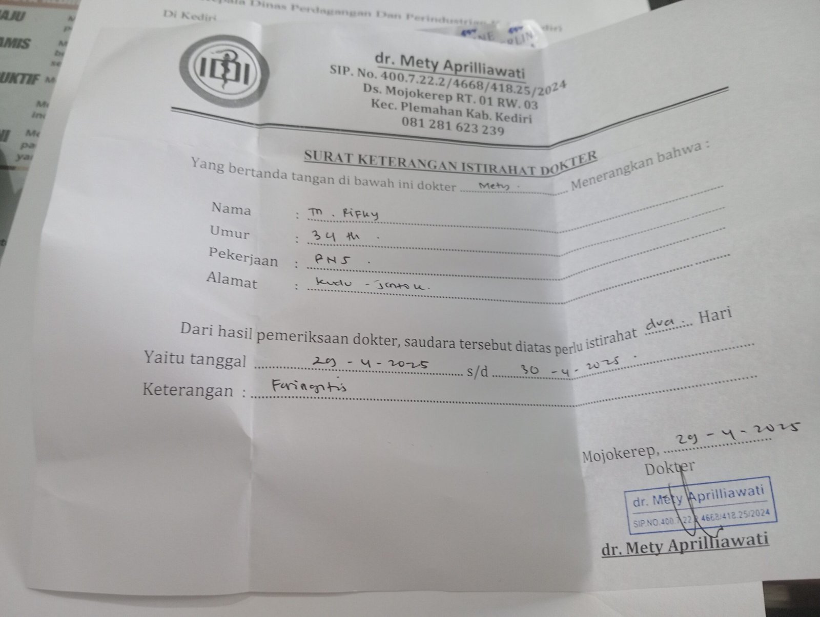 Contoh surat keterangan sakit dari dokter surat izin dokter
