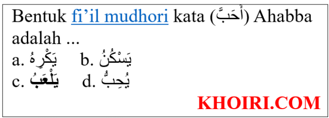 
Bentuk fi’il mudhori kata (أَحَبَّ) Ahabba adalah …