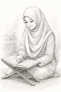 Contoh gambar sketsa wanita berjilbab mengaji