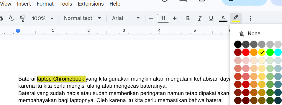 Cara stabilo mewarnai teks di Google docs