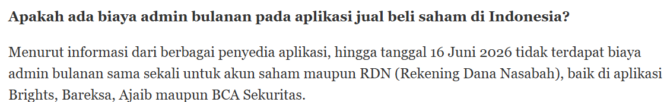 
Apakah ada biaya admin bulanan pada aplikasi Jual beli saham di Indonesia?