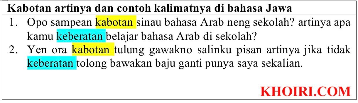 Kabotan artinya dan contoh kalimatnya di bahasa Jawa