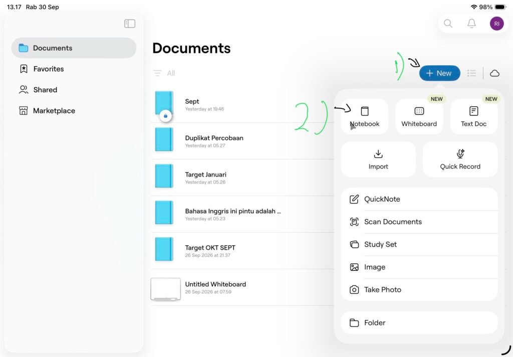 Cara membuat dokumen baru di goodnotes